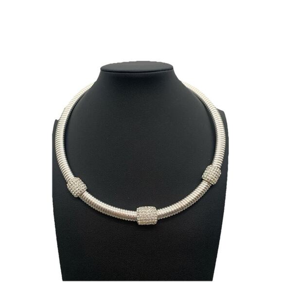 Monet Silver Tone Omega Pave Station Rhinestone Choker Necklace Signed Stunning - Picture 1 of 4